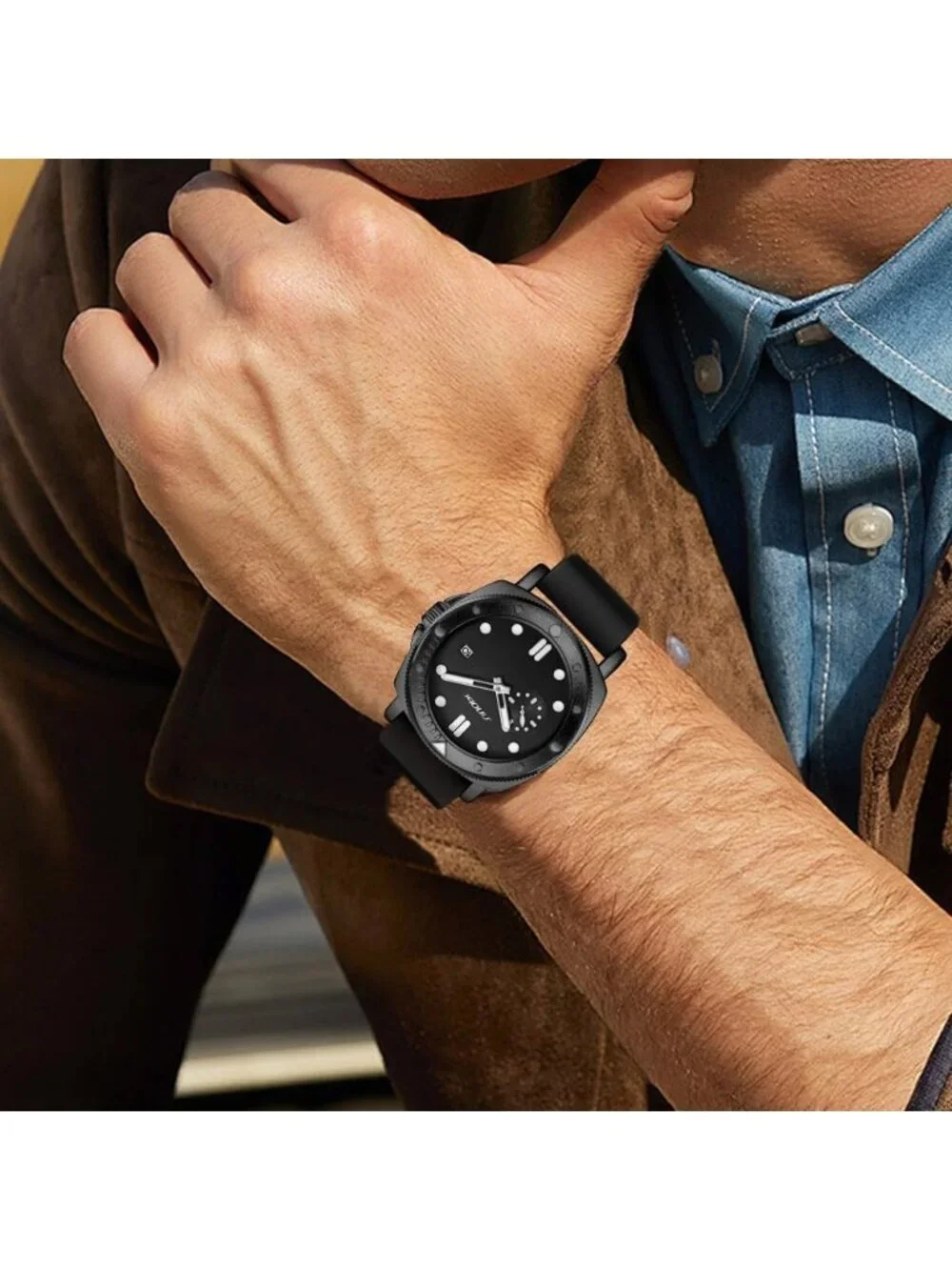 Men's Black Analog Silicone Strap Water Resistant Rotating Bezel Wrist Watch